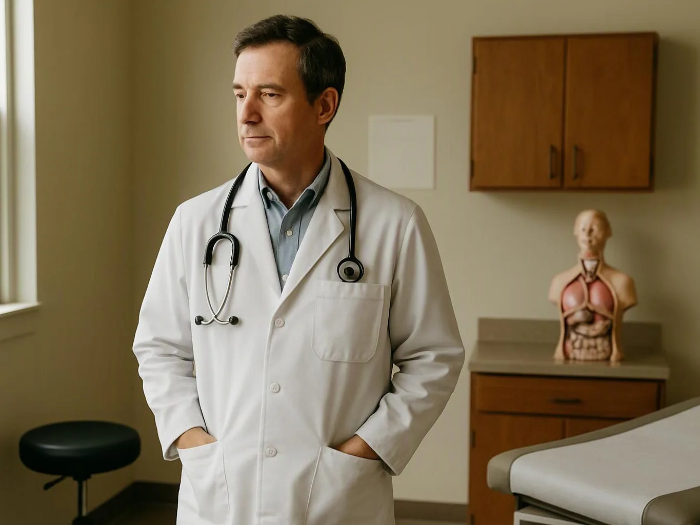 A doctor in a white coat stands in a quiet exam room with a stethoscope and an anatomy model behind him