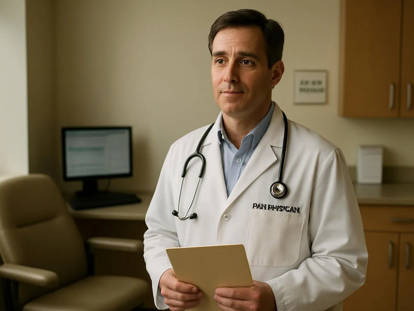 A doctor in a white coat and stethoscope holds a clipboard in a clinic exam room