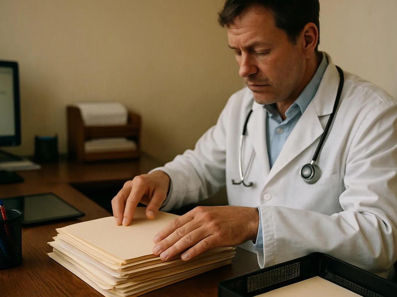 A doctor in a white coat and stethoscope sorts a stack of folders at a desk in a plain office
