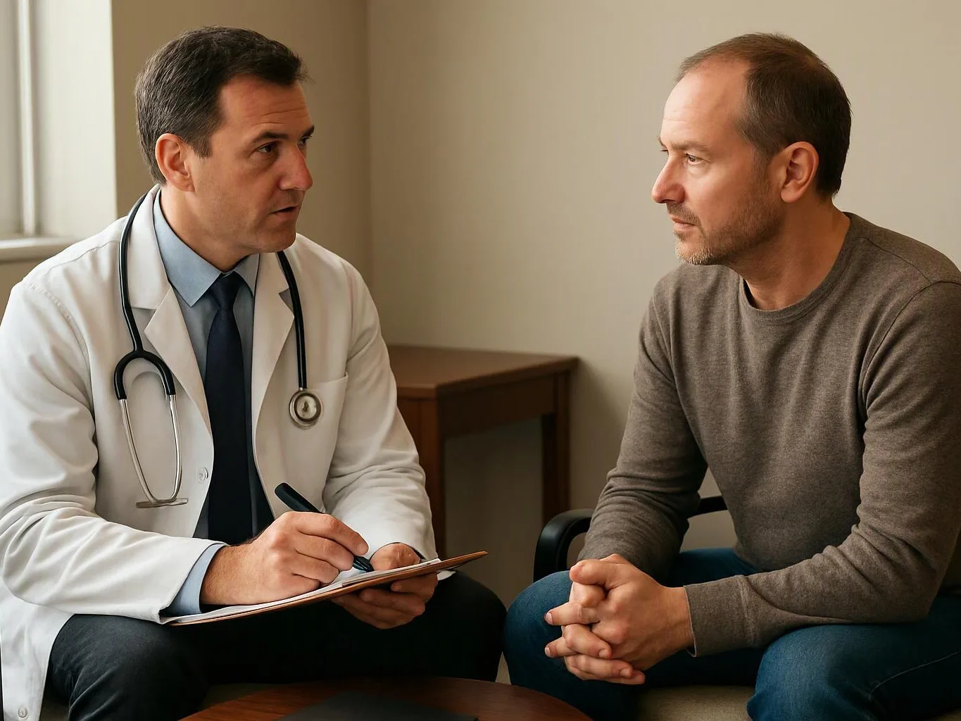A doctor in a white coat takes notes while talking with a seated man in a clinic room