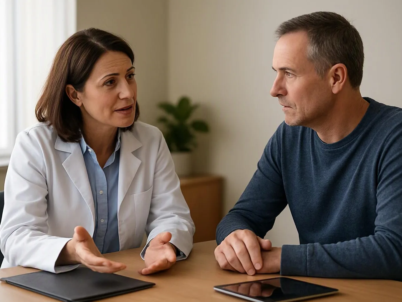 A doctor in a white coat talks with a man across a table in a clinic room
