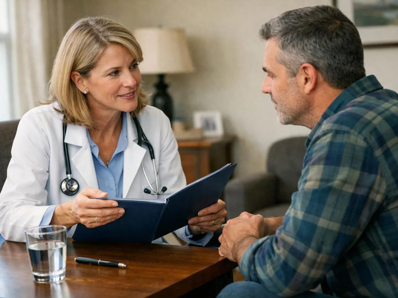 A doctor in a white coat talks with a man across a table, holding a blue folder in a living room setting