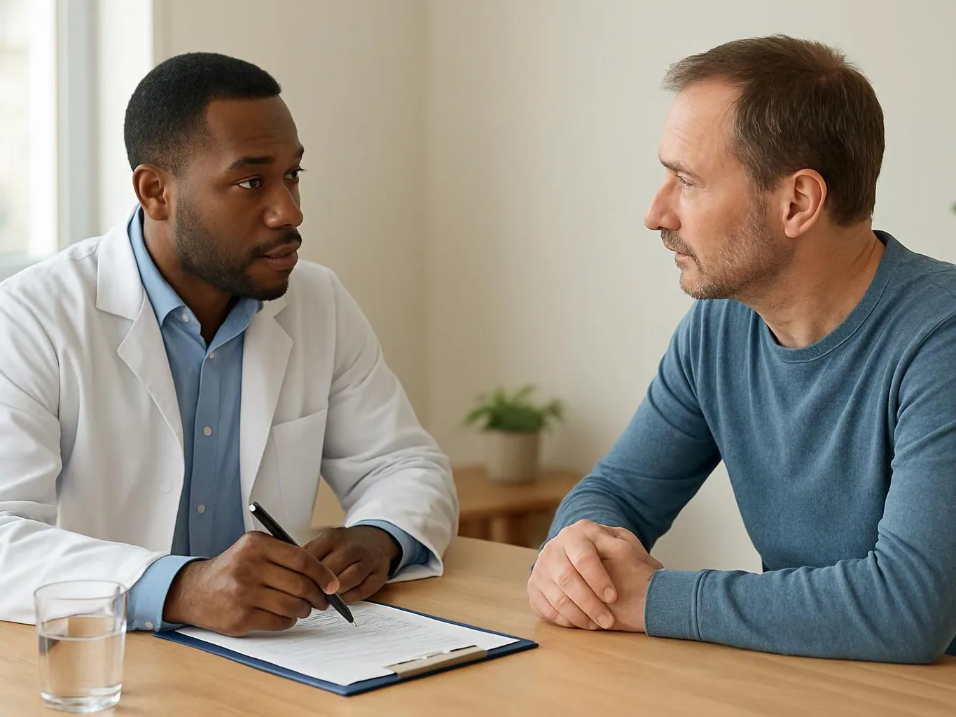A doctor in a white coat talks with a seated man across a table while holding a pen over a clipboard