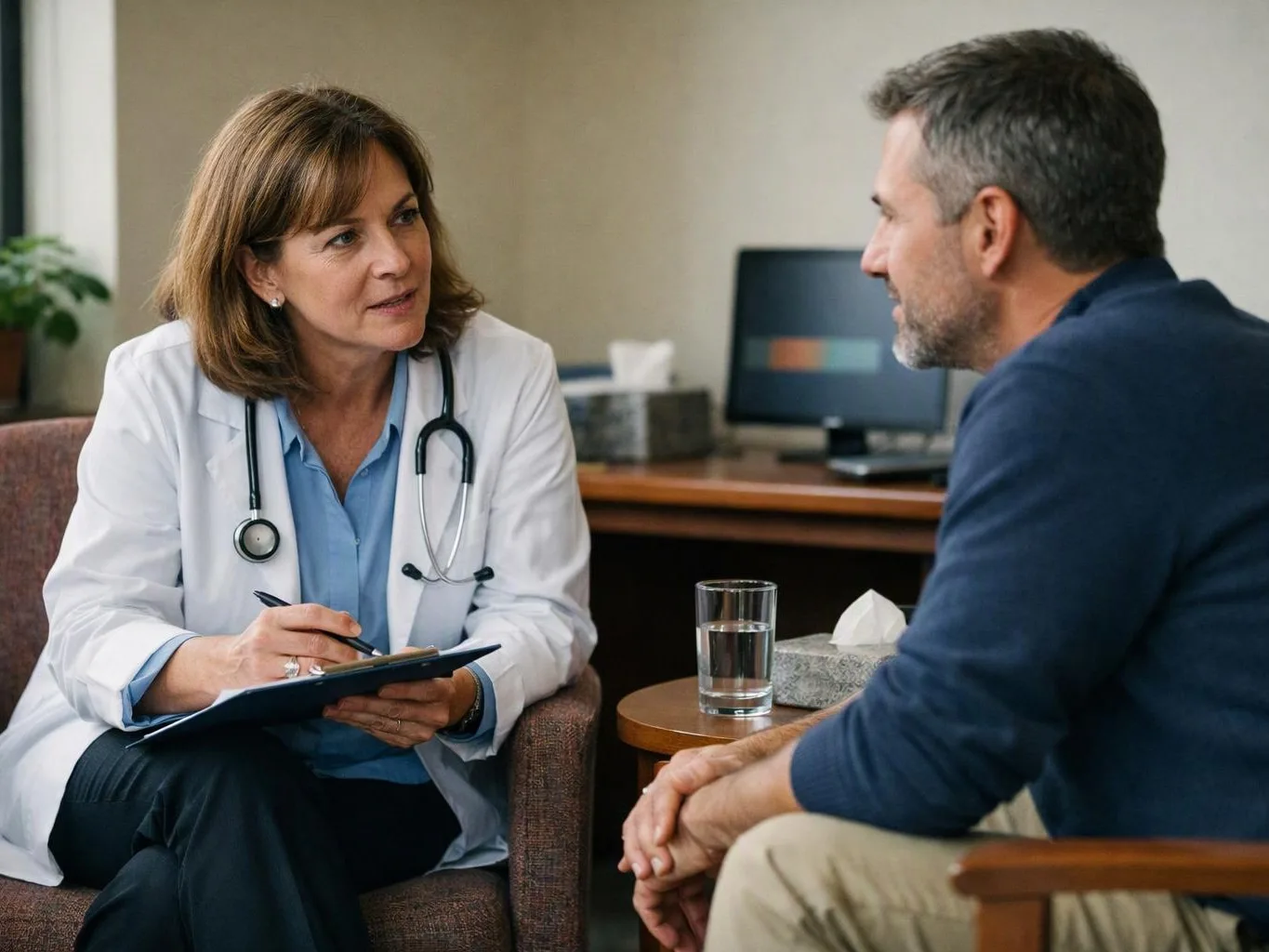 A doctor in a white coat talks with a seated man in an office while taking notes