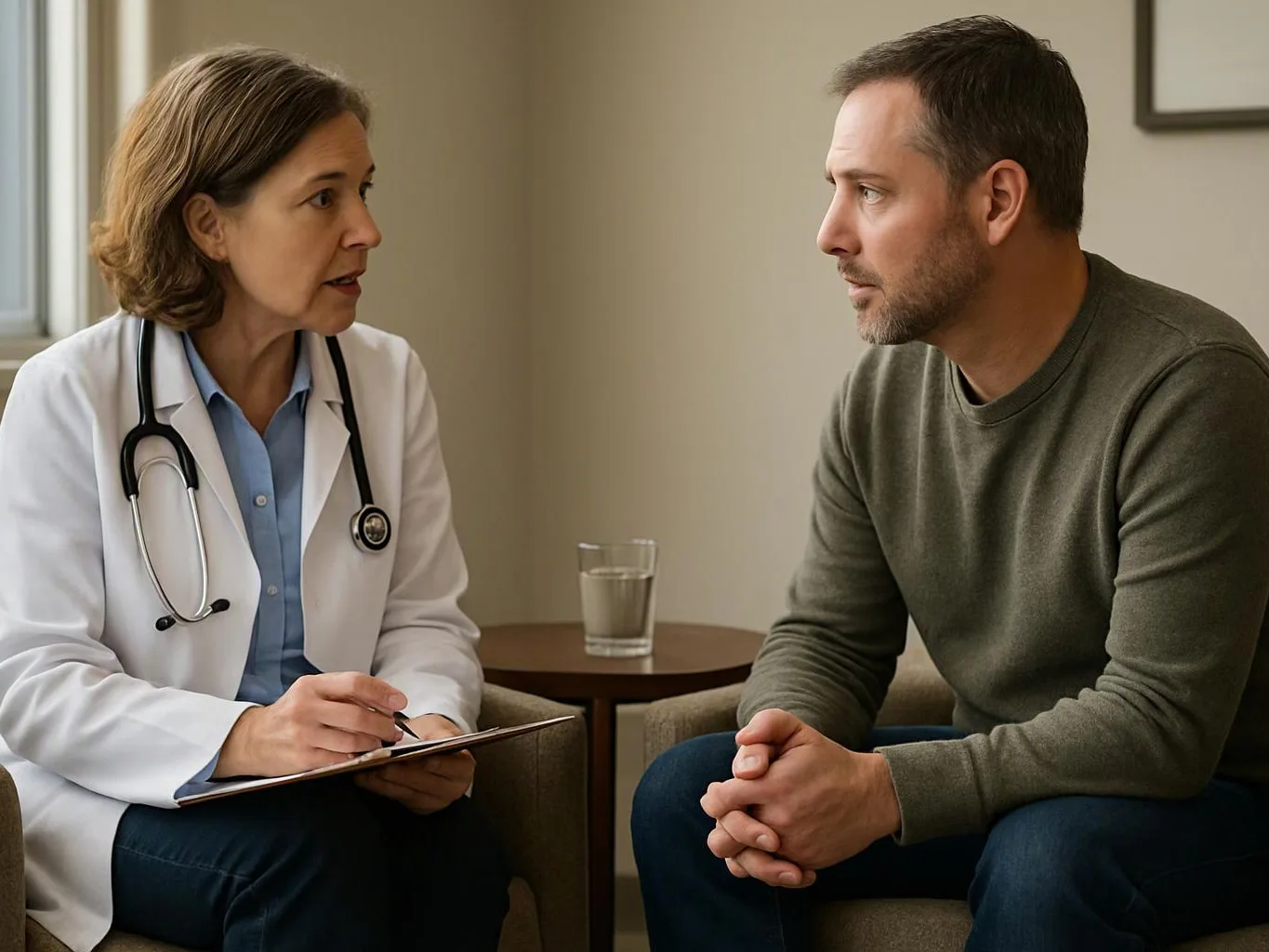 A doctor in a white coat talks with a seated man in a quiet exam room