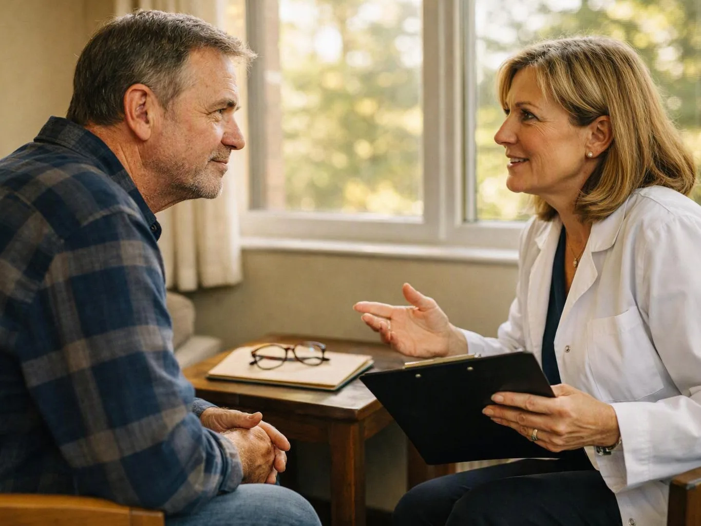 A doctor in a white coat talks with a seated man in a sunlit office, holding a clipboard