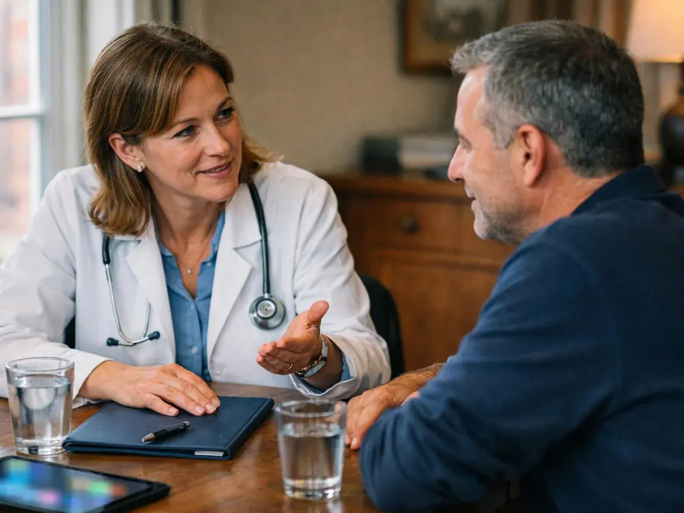 A doctor in a white coat talks with a seated man at a wooden table in a warm office