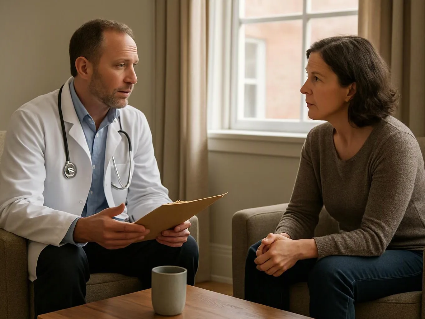 A doctor in a white coat talks with a seated woman in a calm office room