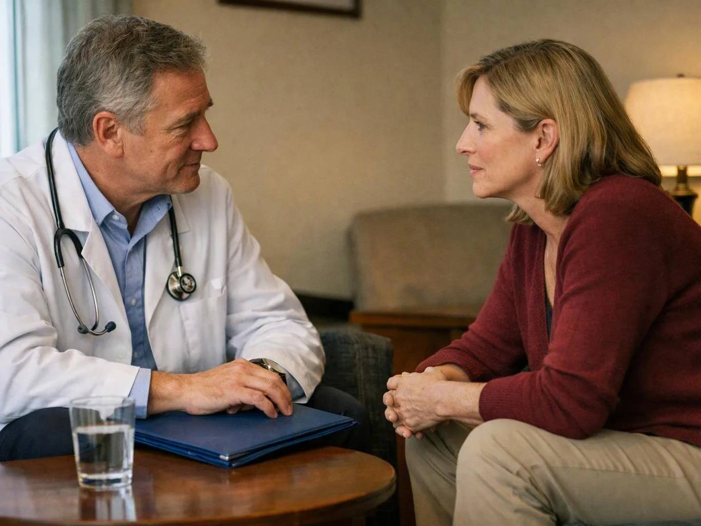 A doctor in a white coat talks with a seated woman in a quiet 상담 room