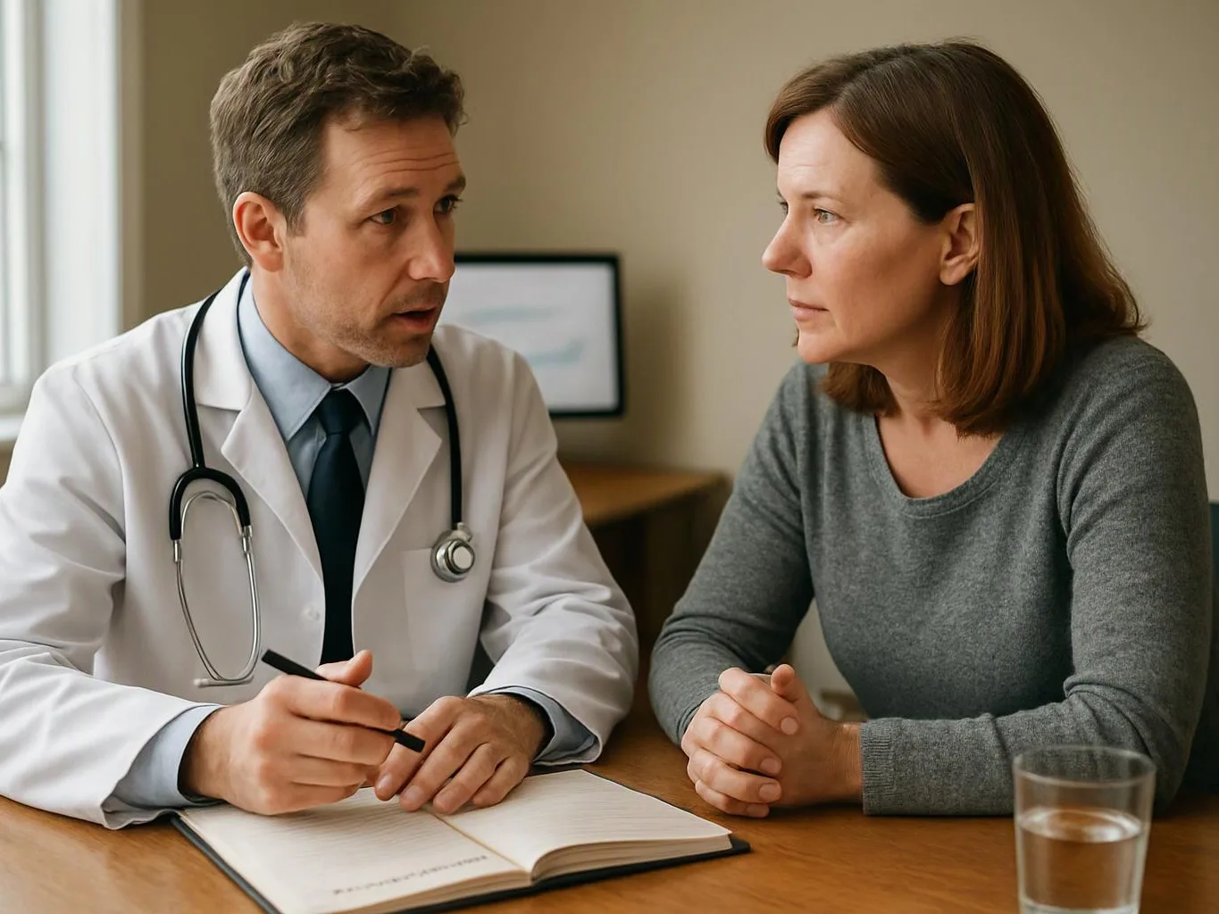 A doctor in a white coat talks with a woman across a desk in a clinic room