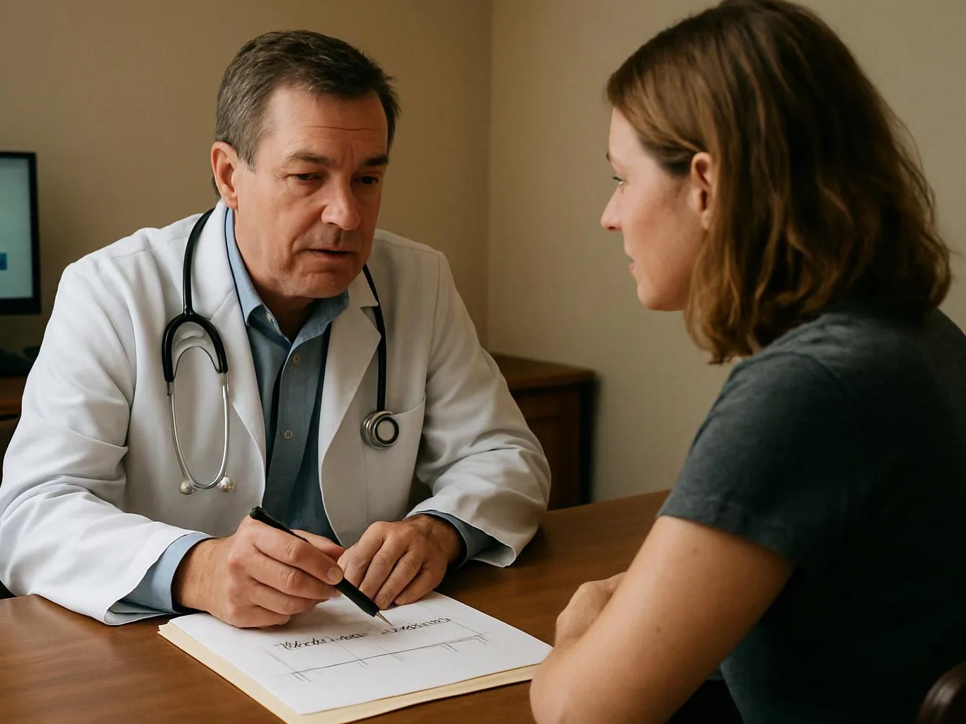 A doctor in a white coat talks with a woman across a desk while writing on a form in a plain office
