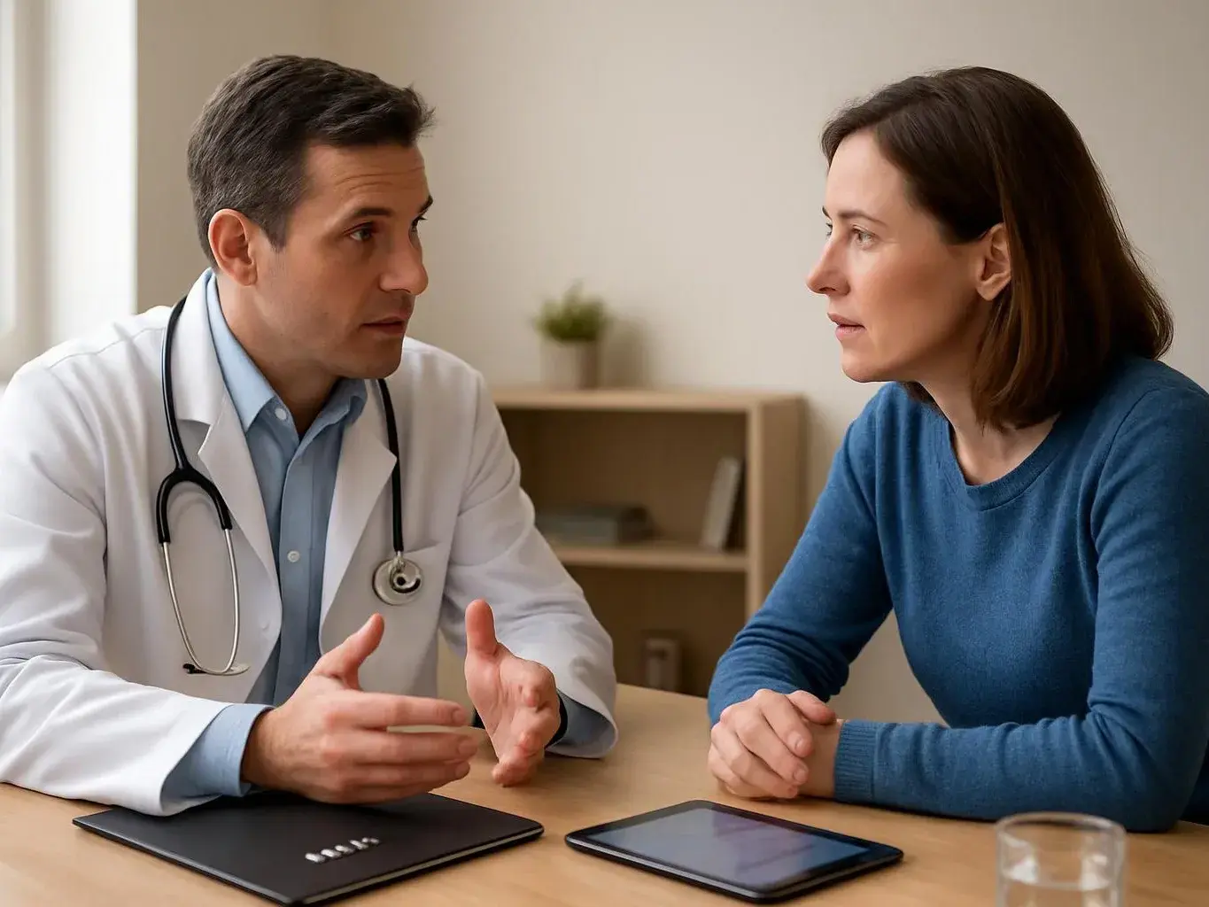 A doctor in a white coat talks with a woman across a table in a calm office