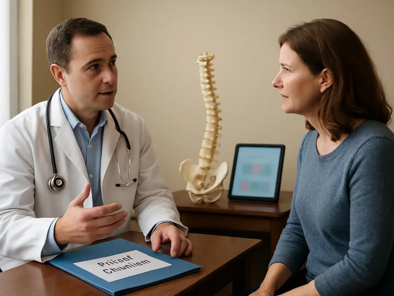 A doctor in a white coat talks with a woman at a desk beside a spine model and tablet