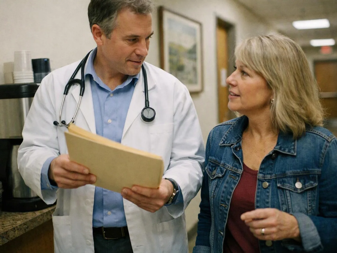 A doctor in a white coat talks with a woman in a hallway while holding a file folder
