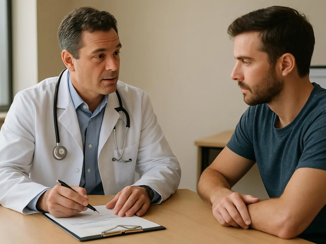 A doctor in a white coat talks with a young man at a desk in a clinic room
