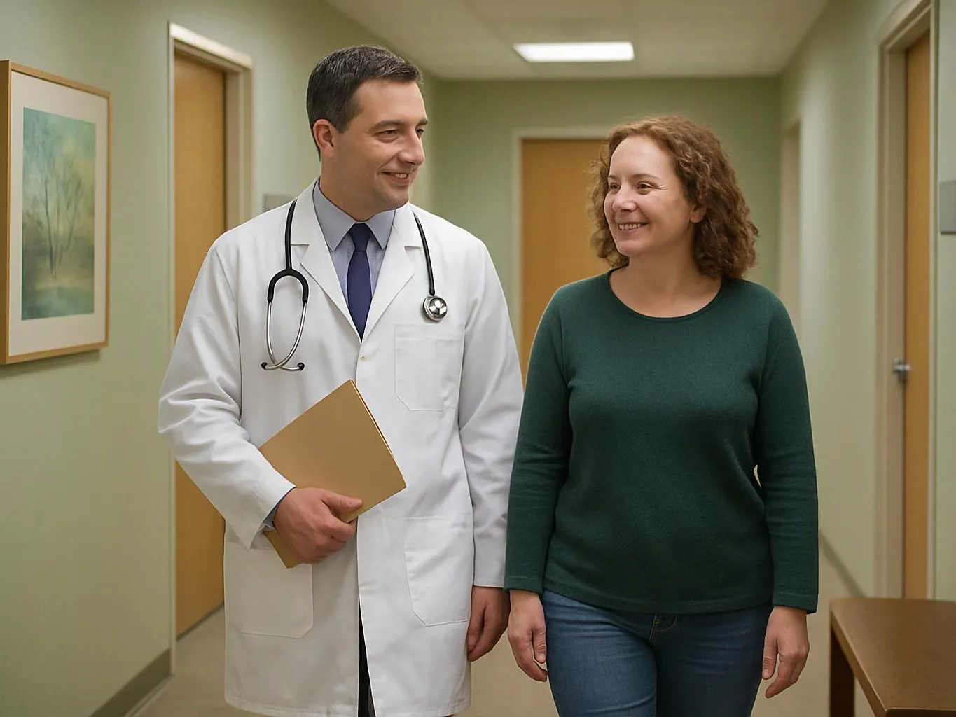 A doctor in a white coat walks beside a smiling woman in a clinic hallway
