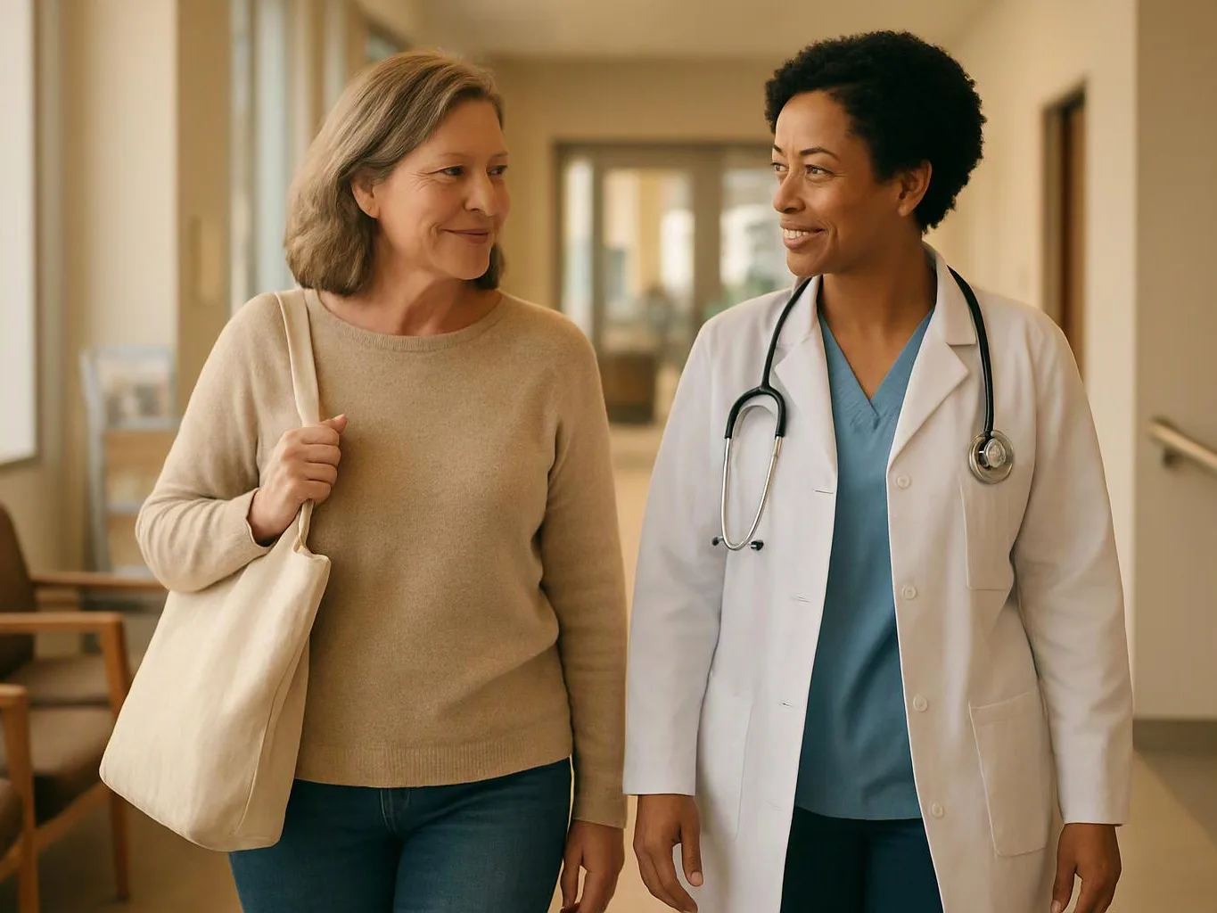 A doctor in a white coat walks beside a smiling woman with a tote bag in a hospital hallway