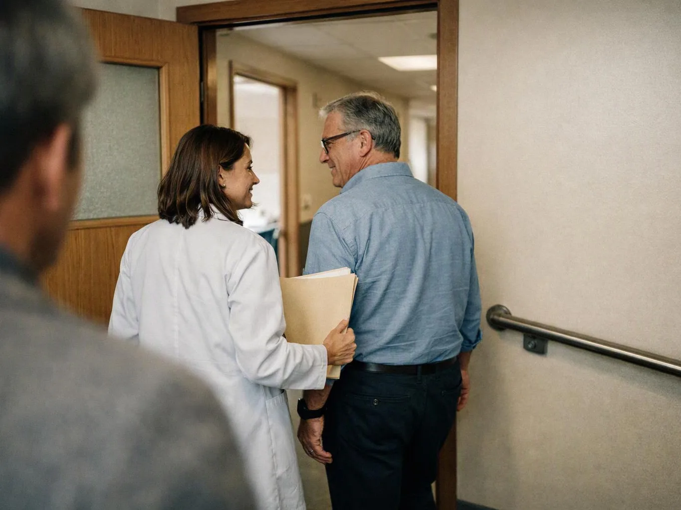 A doctor in a white coat walks with an older man holding folders through a hallway doorway