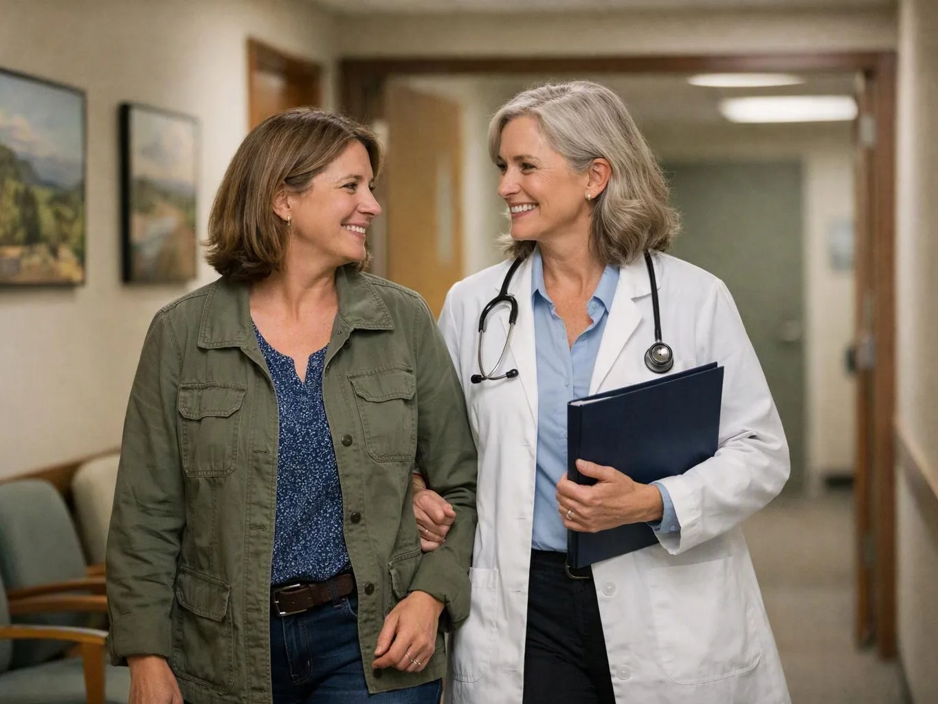 A doctor in a white coat walks with a smiling woman down a clinic hallway