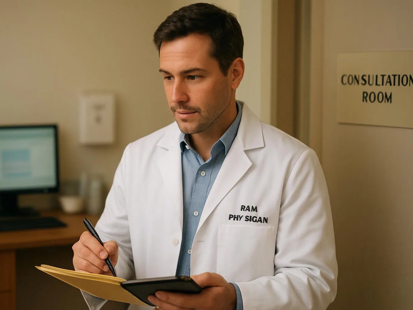 A doctor in a white coat writes on a clipboard beside a consultation room sign