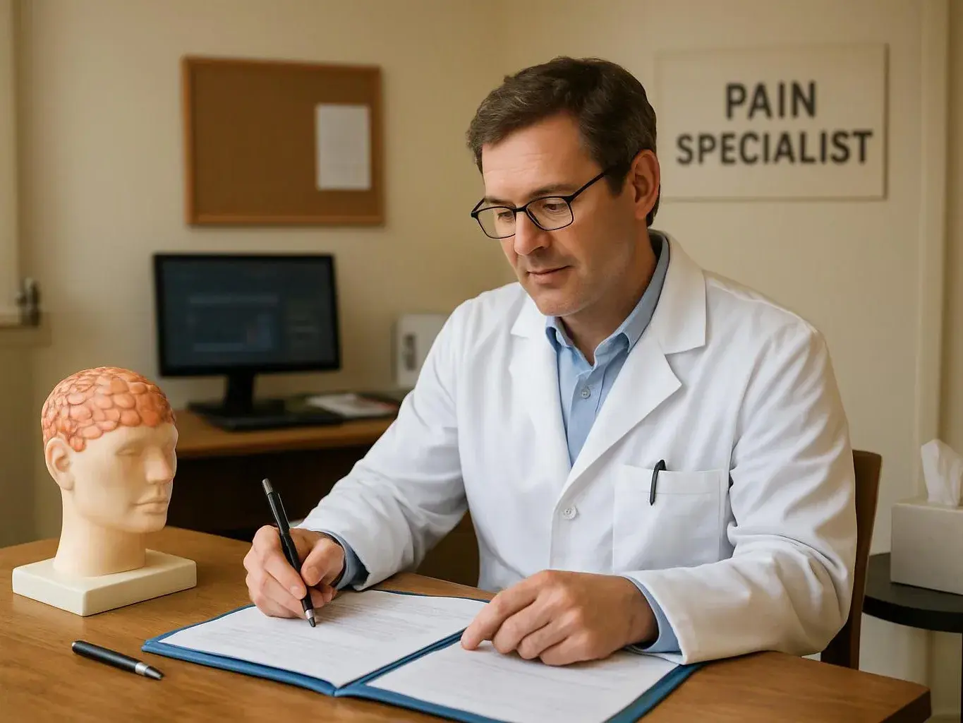 A doctor in a white coat writes on a clipboard beside a head model in a clinic office
