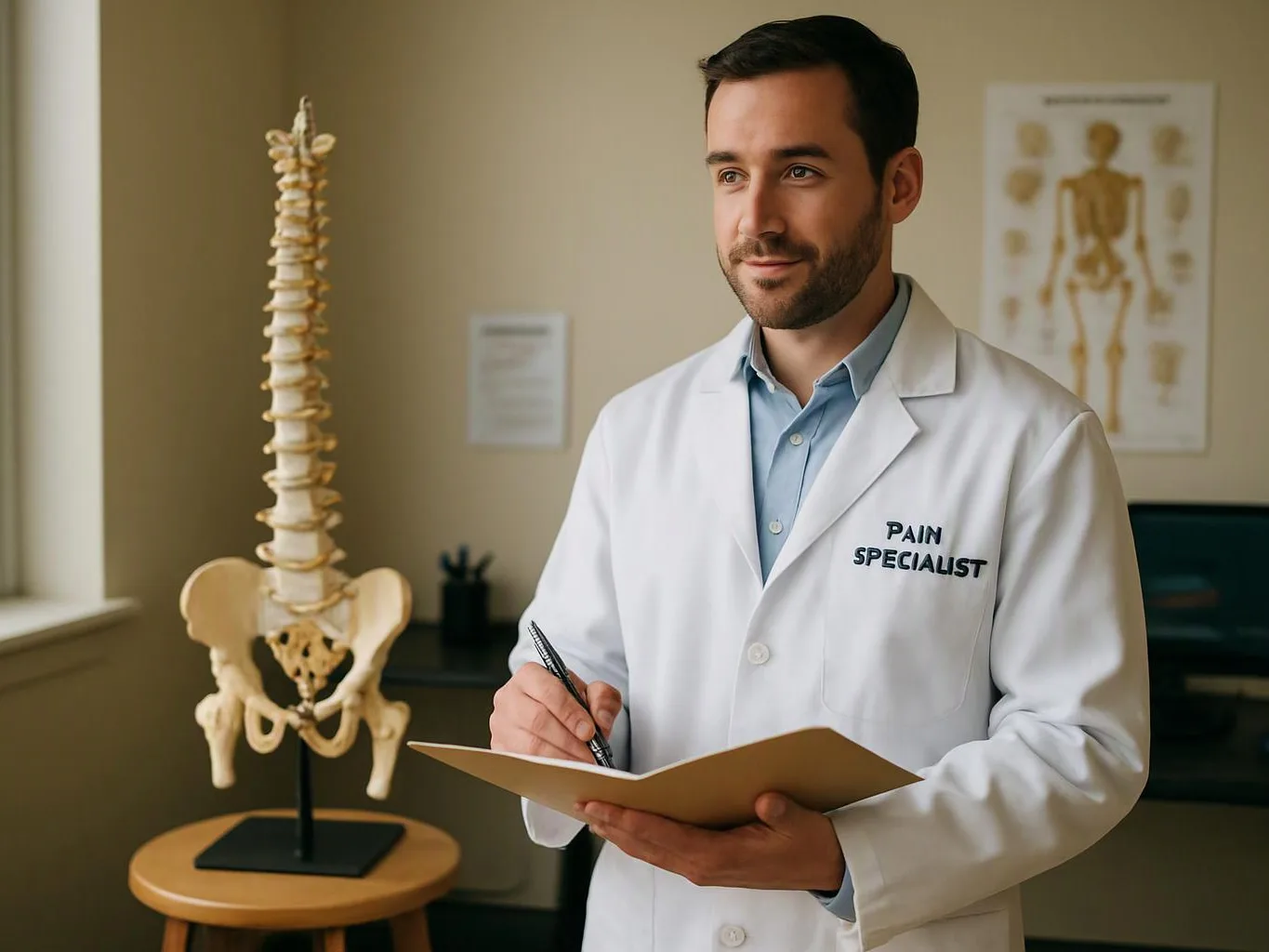 A doctor in a white coat writes on a clipboard beside a spine model in a clinic room