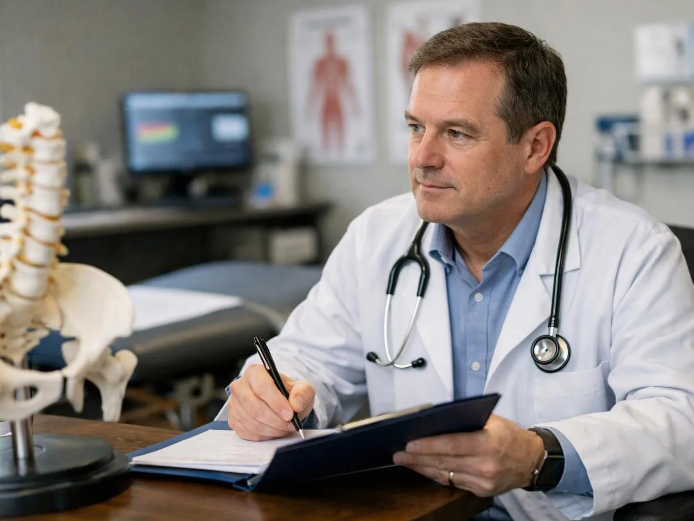 A doctor in a white coat writes on a clipboard at a desk beside a model skeleton in an exam room
