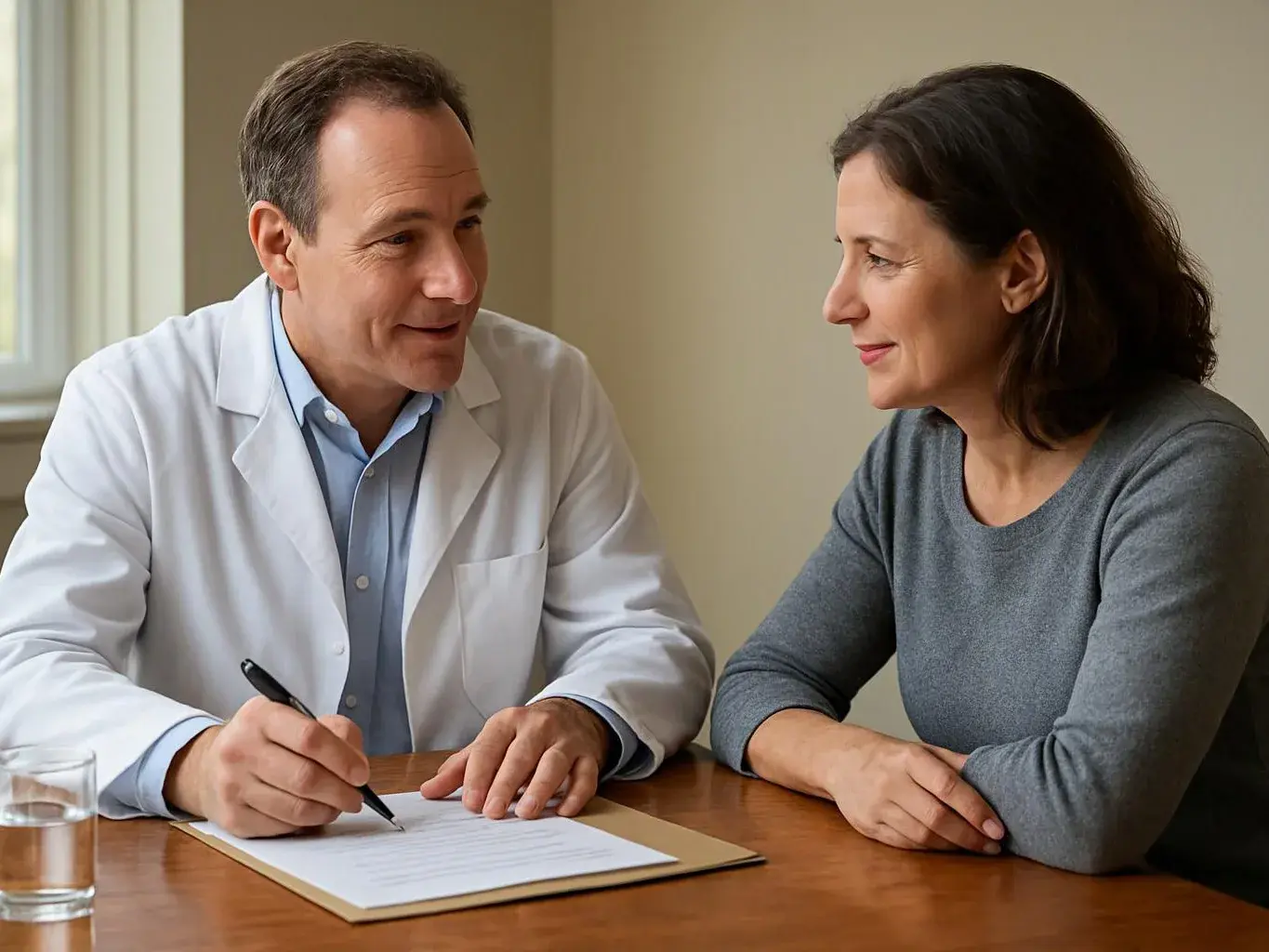 A doctor in a white coat writes on a clipboard while speaking with a seated woman across a table