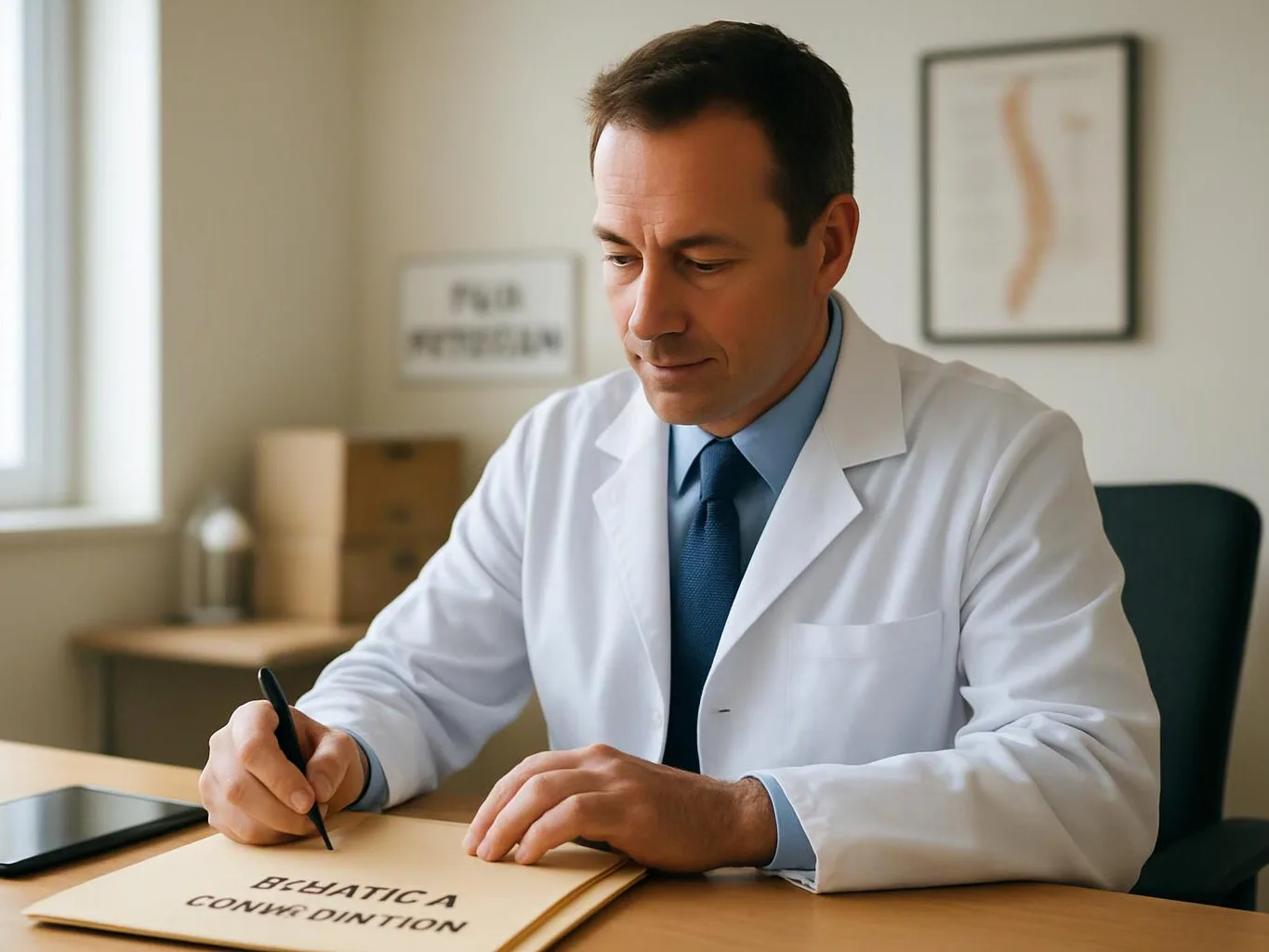 A doctor in a white coat writes on a folder at a desk in a quiet office