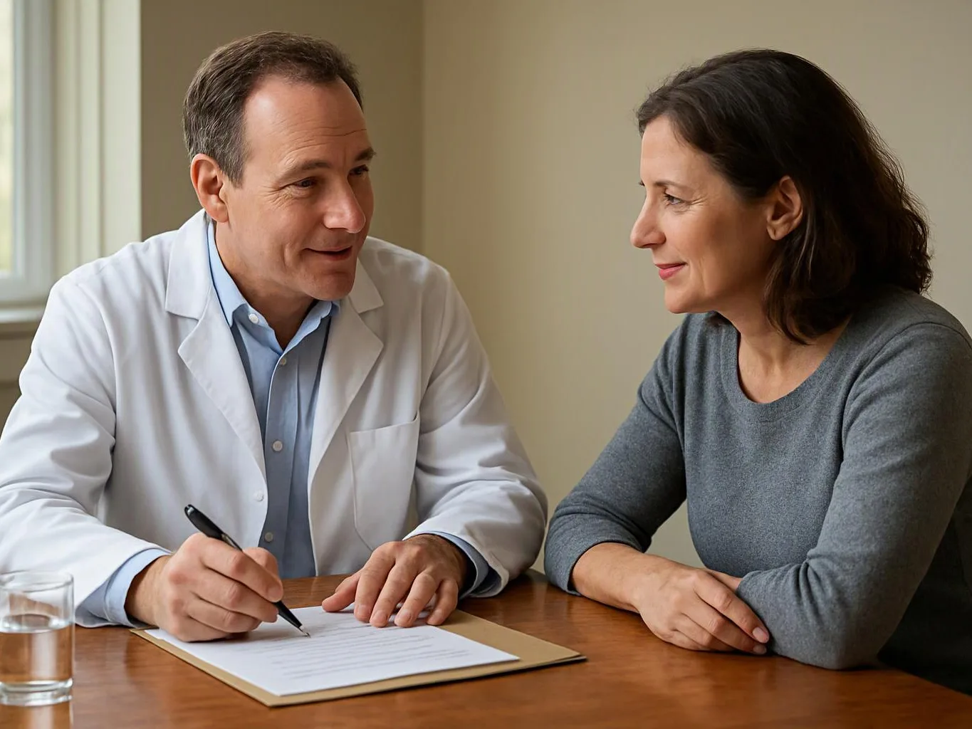 A doctor in a white coat writes on a form while speaking with a seated woman at a wooden table