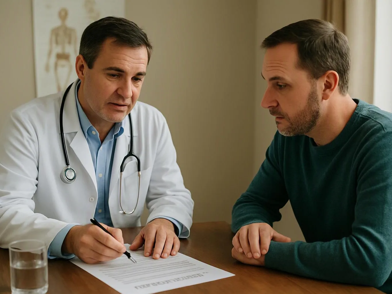 A doctor in a white coat writes on a form while talking with a seated man across a table