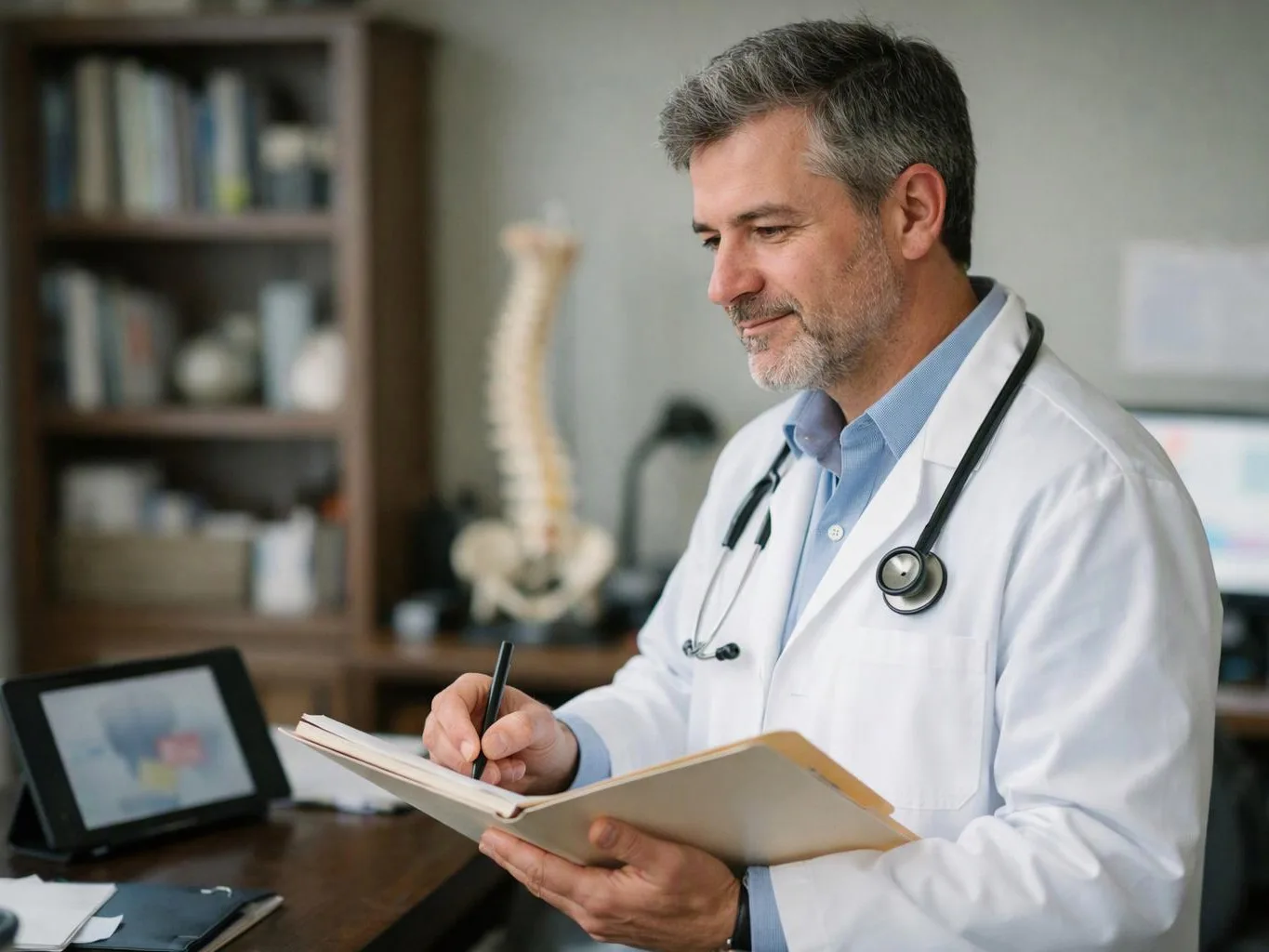 A doctor in a white coat writes in a notebook at a desk in a clinic office