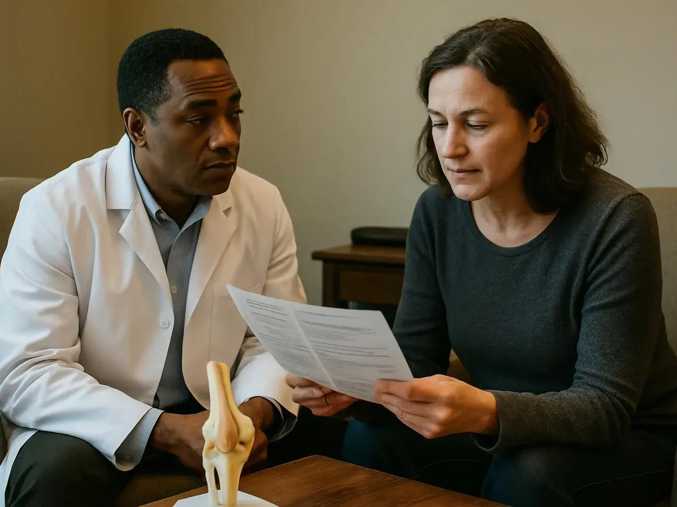A doctor and a woman sit together, reading a paper beside a small knee joint model in a plain room