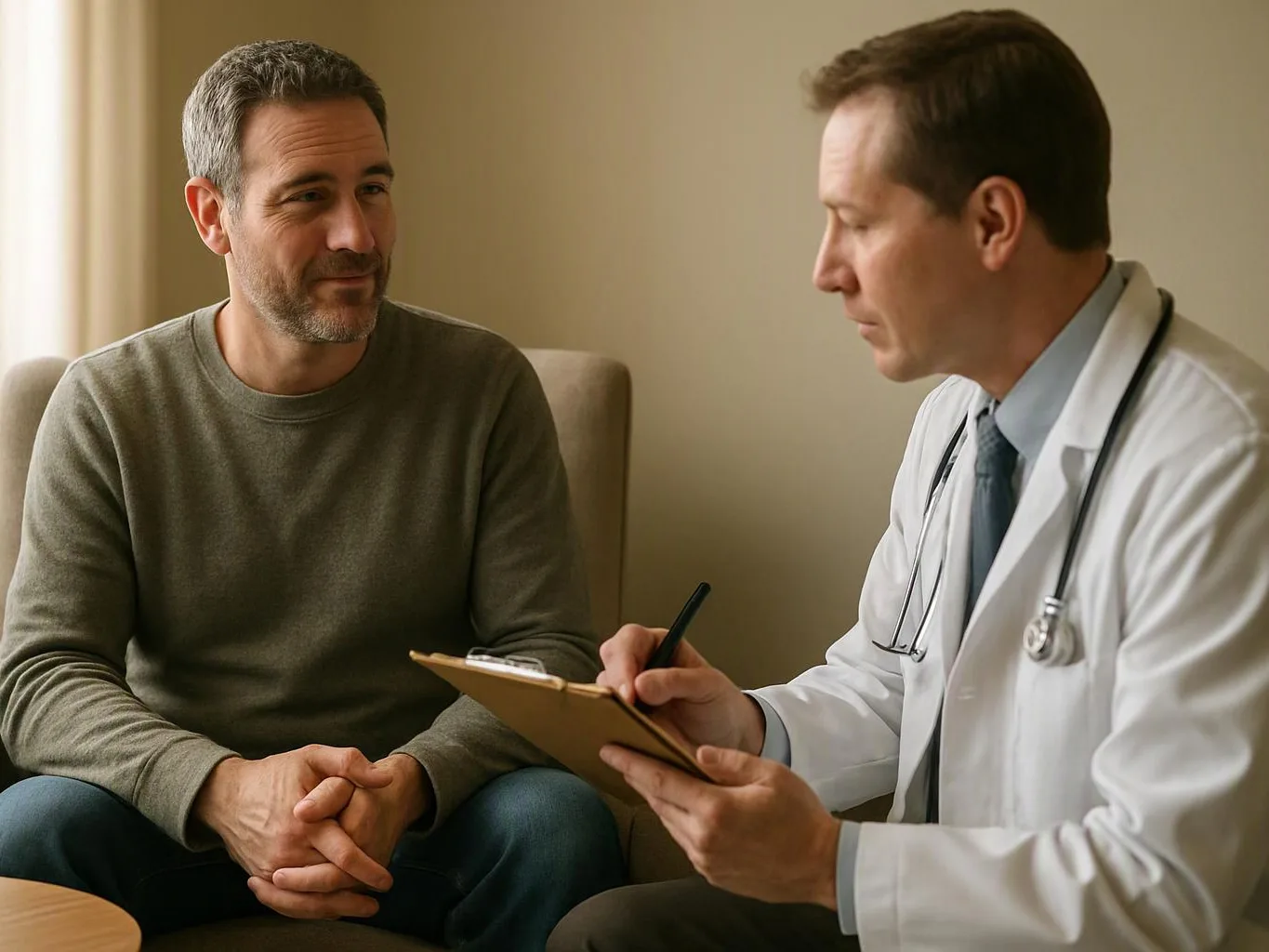 A doctor writes on a clipboard while speaking with a seated man in a quiet exam room