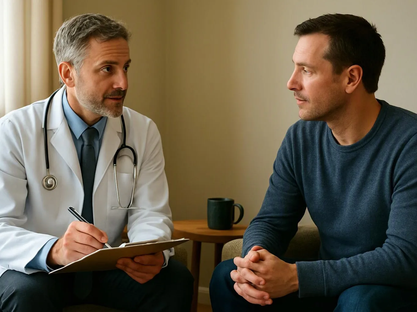 A doctor writes on a clipboard while talking with a seated man in a quiet room