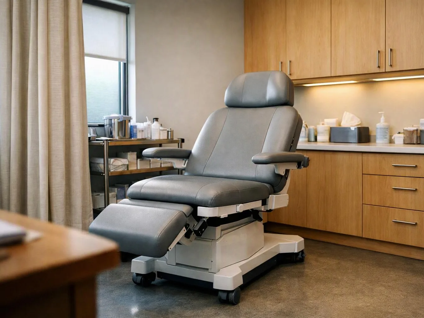 An empty exam chair sits in a clean medical room beside cabinets, supplies, and a curtained window