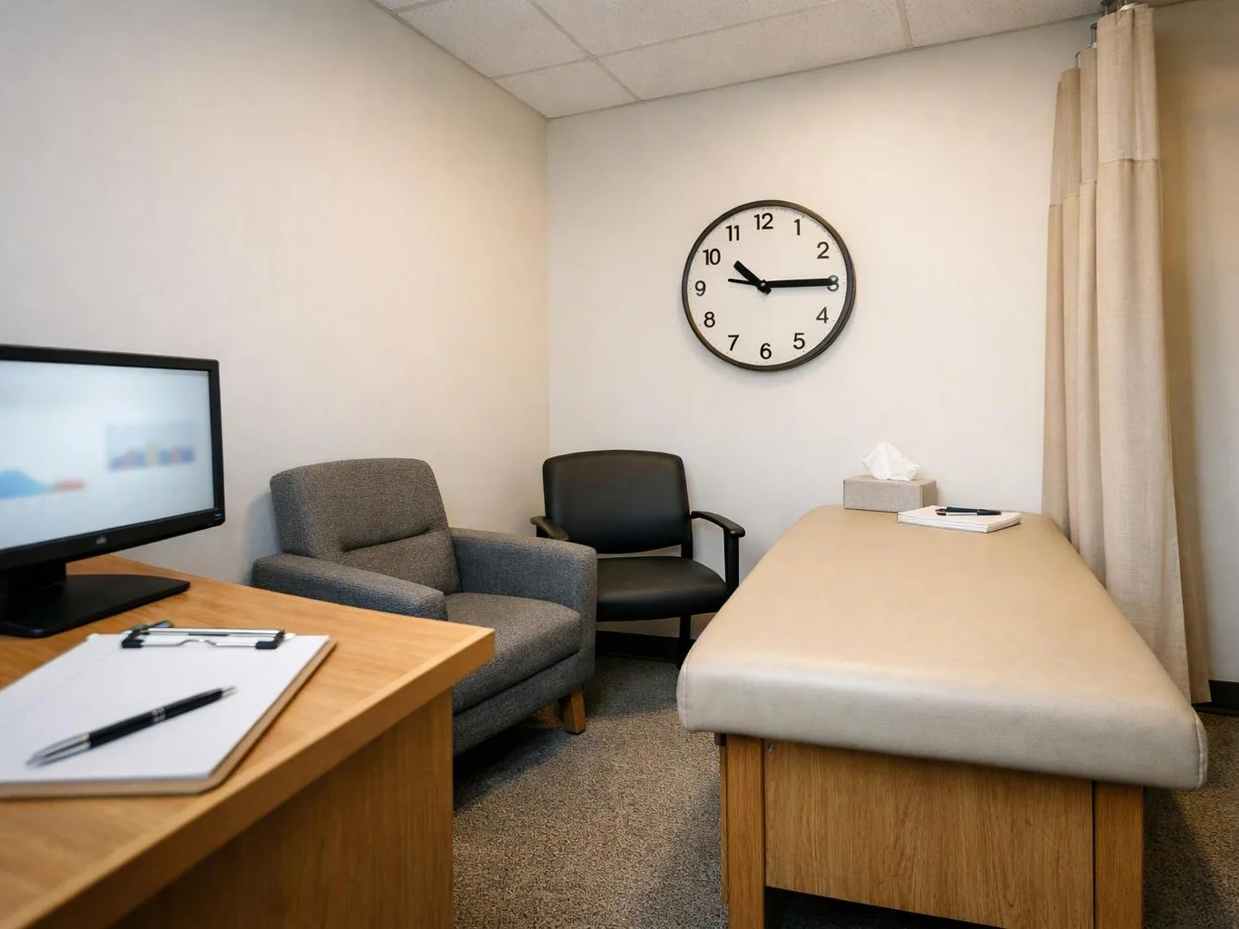 An empty exam room shows a clock, two chairs, a table, and a monitor in a plain beige office