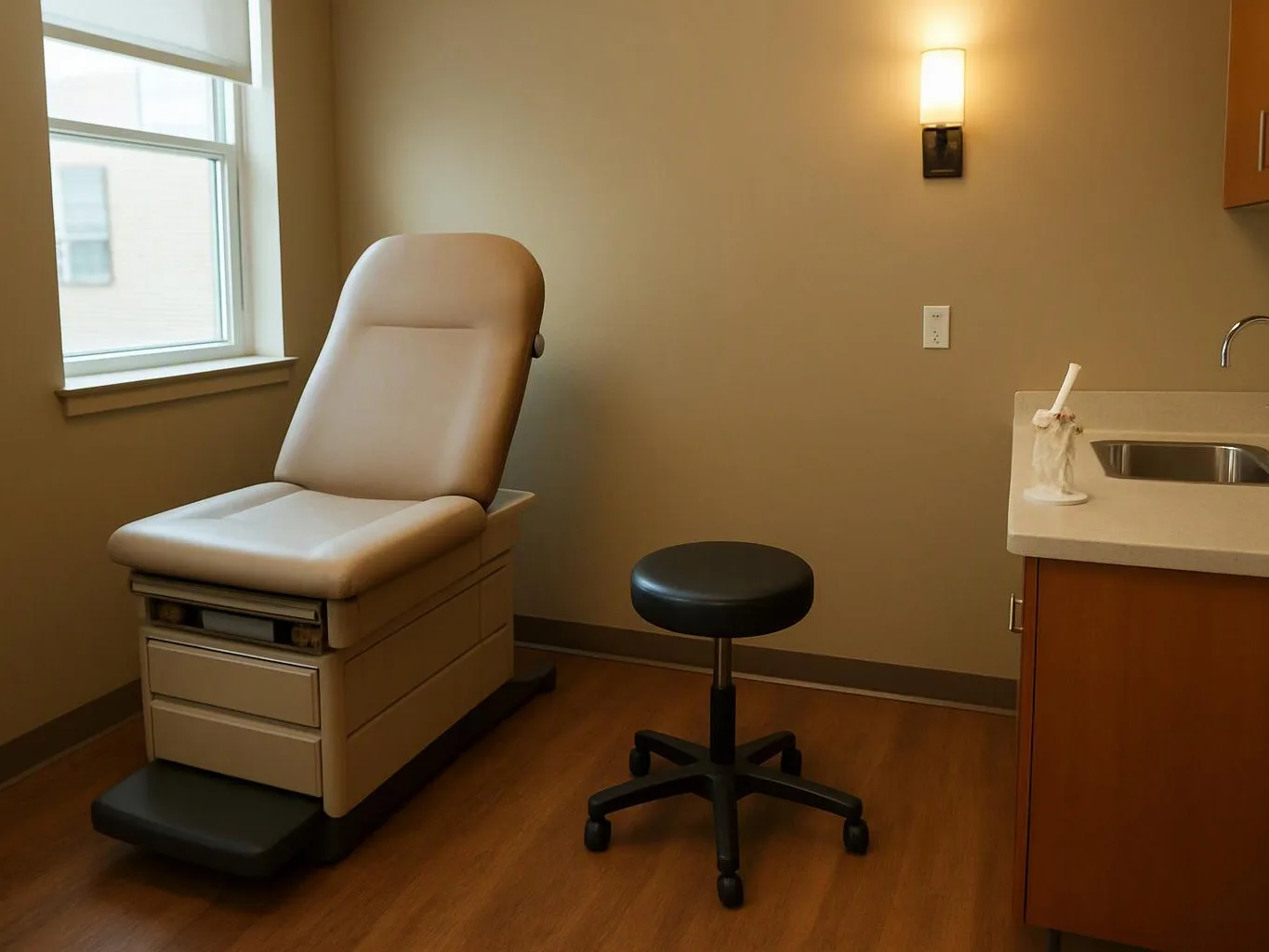 An empty medical exam room with a padded chair, rolling stool, sink, and wall light sits by a window