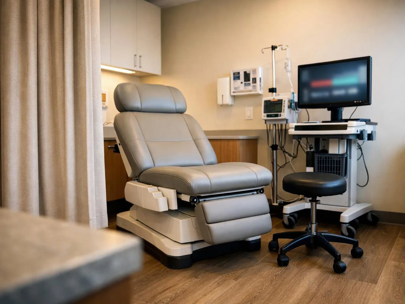 An empty medical exam room with a reclining chair, rolling stool, monitor, and wall-mounted equipment