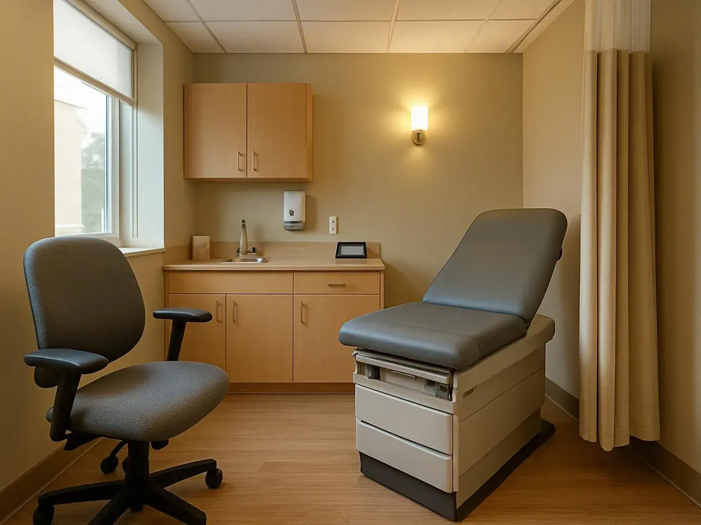 An empty medical exam room shows a chair, exam table, sink, cabinets, and a window with curtains