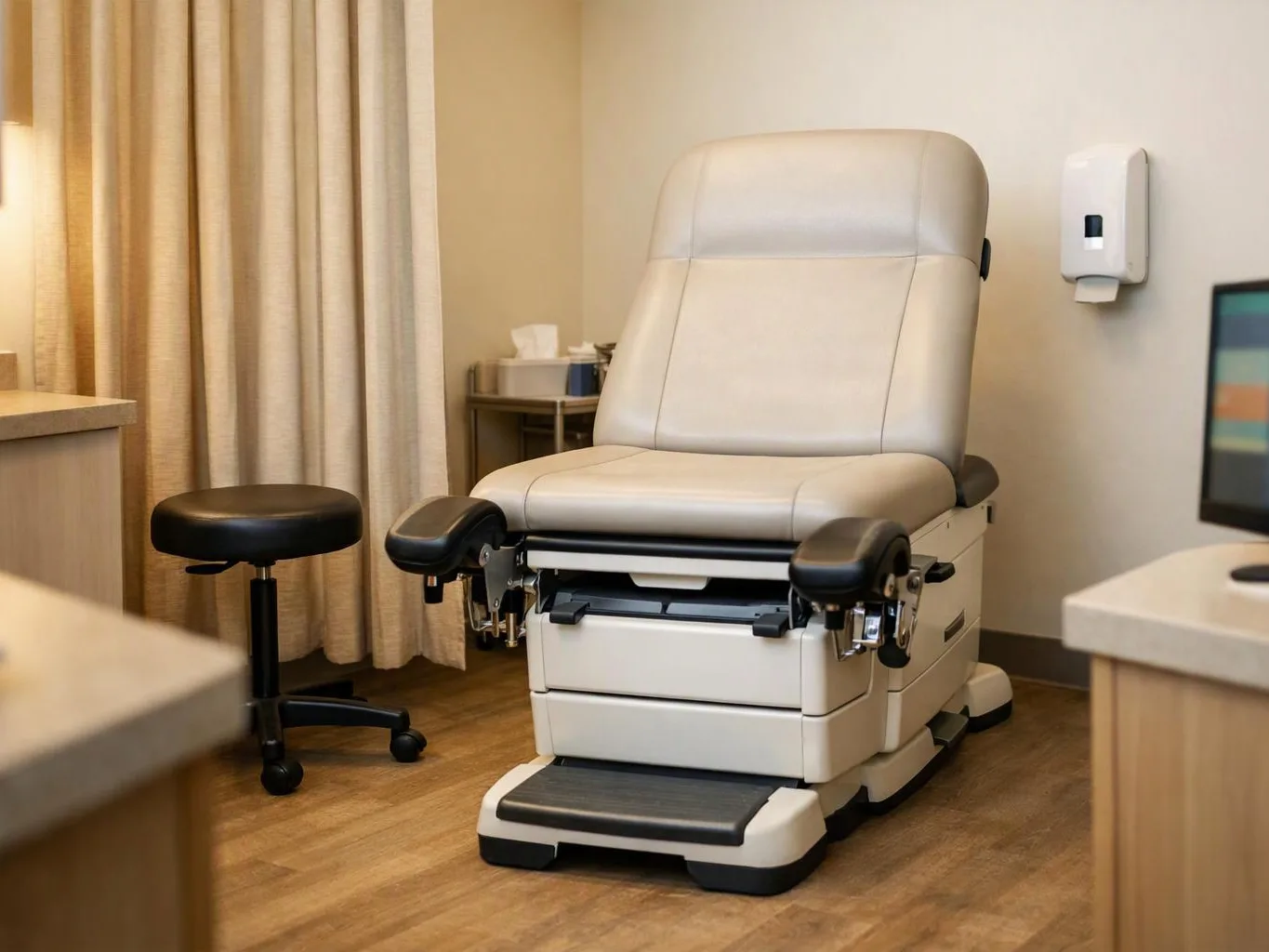 An empty medical exam room shows a padded reclining chair beside a stool and curtains