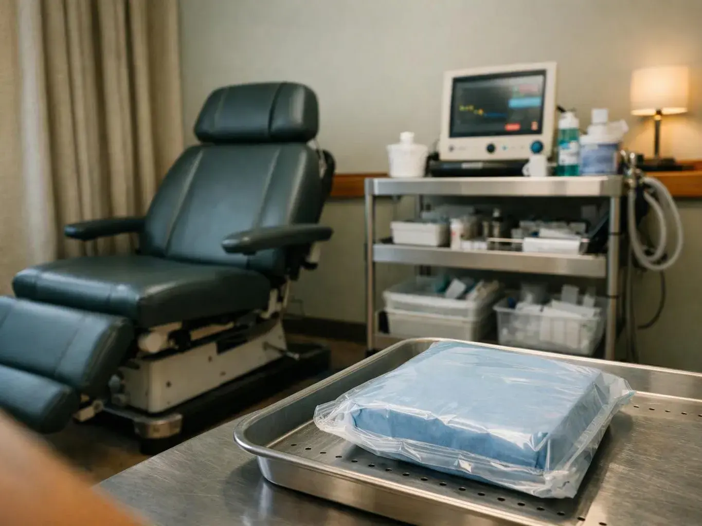 An empty medical exam room shows a reclined chair, a supply cart, and a covered tray on a stainless table