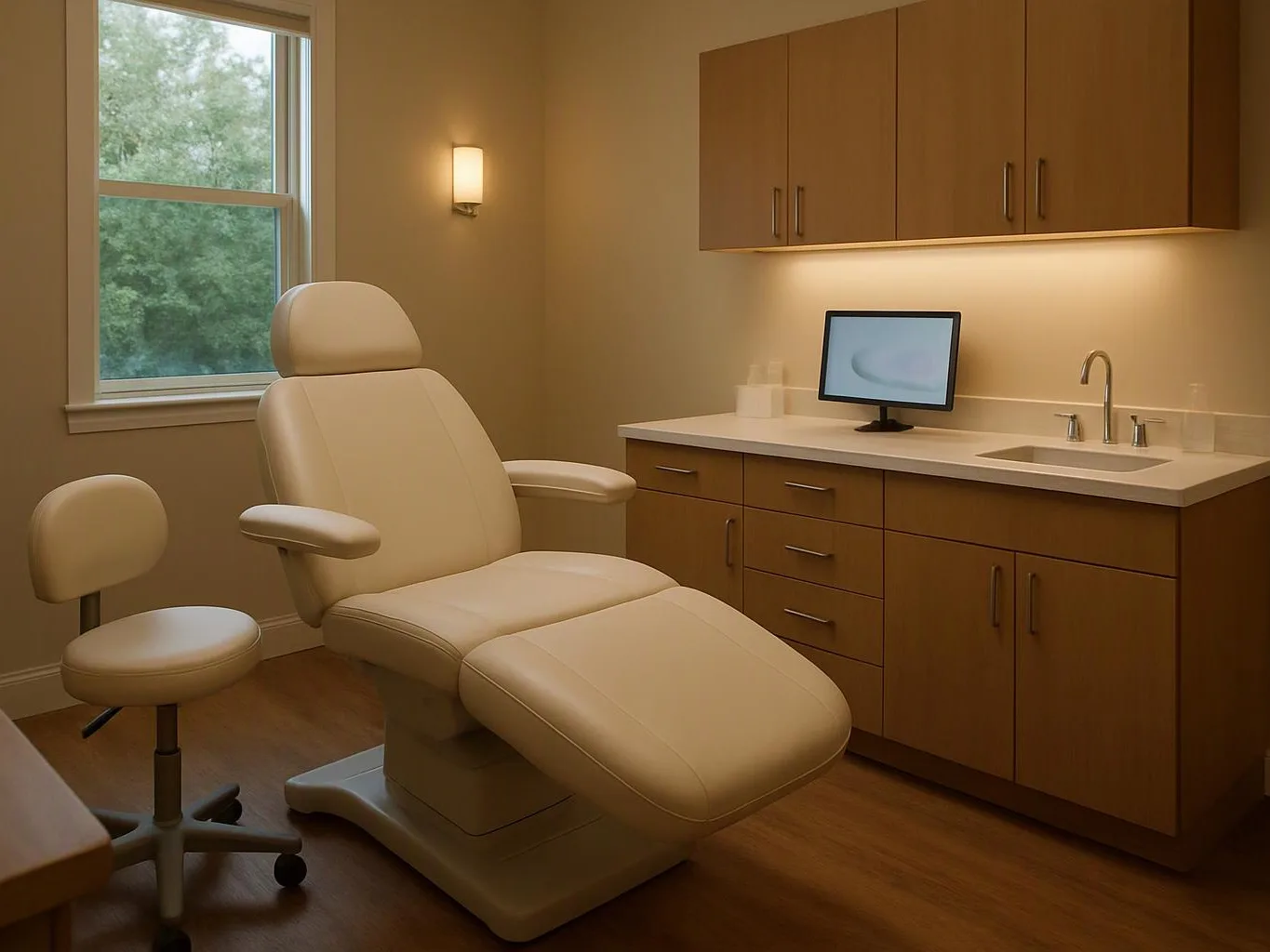An empty medical exam room shows a reclining chair, a stool, cabinets, a sink, and a window