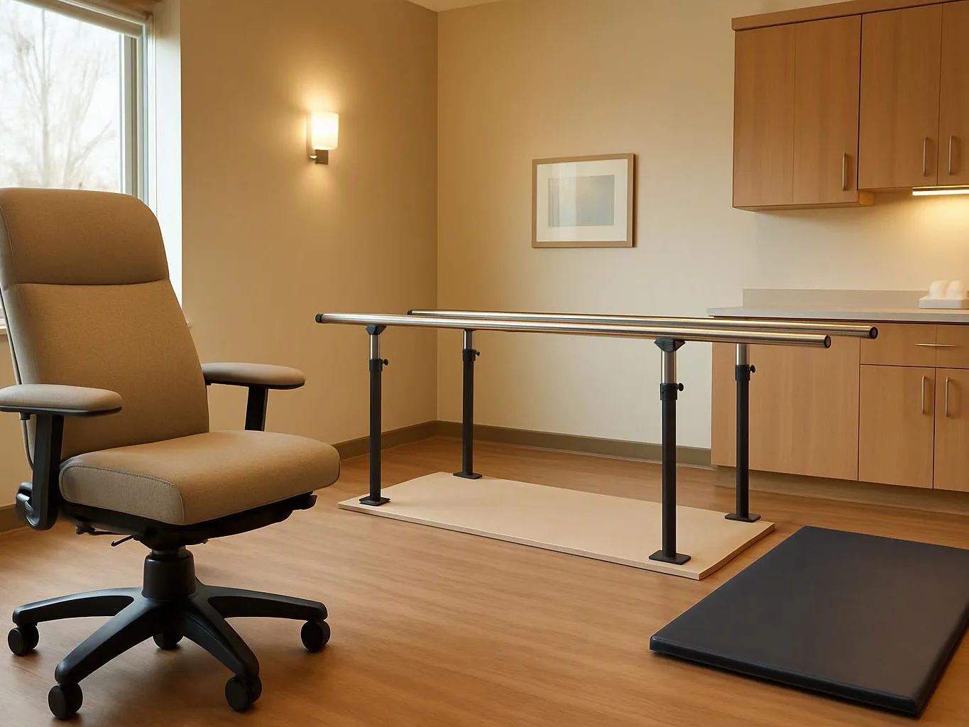 An empty therapy room has a padded chair, parallel bars, cabinets, and a floor mat near a window