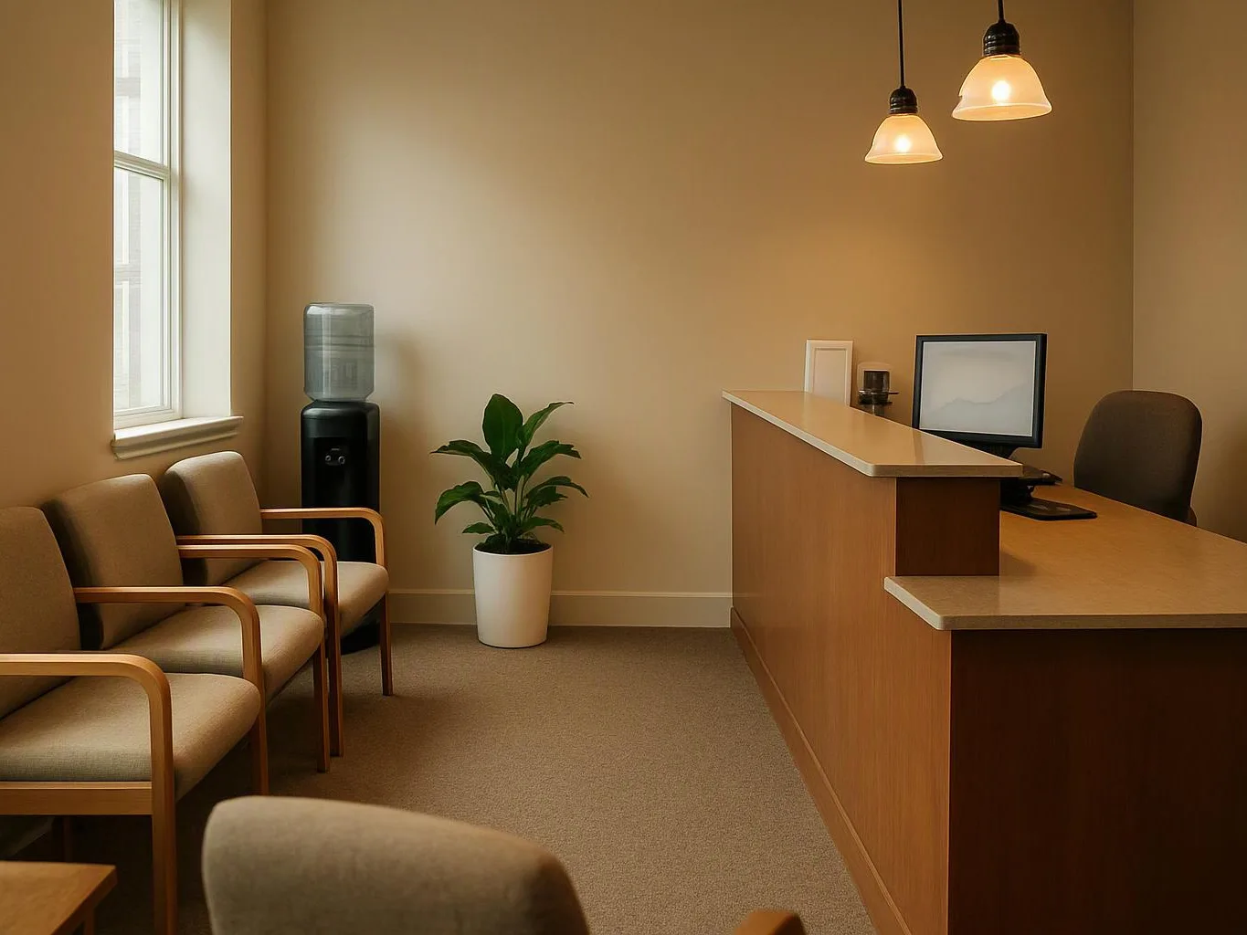 Empty waiting room with beige chairs, a reception desk, pendant lights, a water cooler, and a potted plant