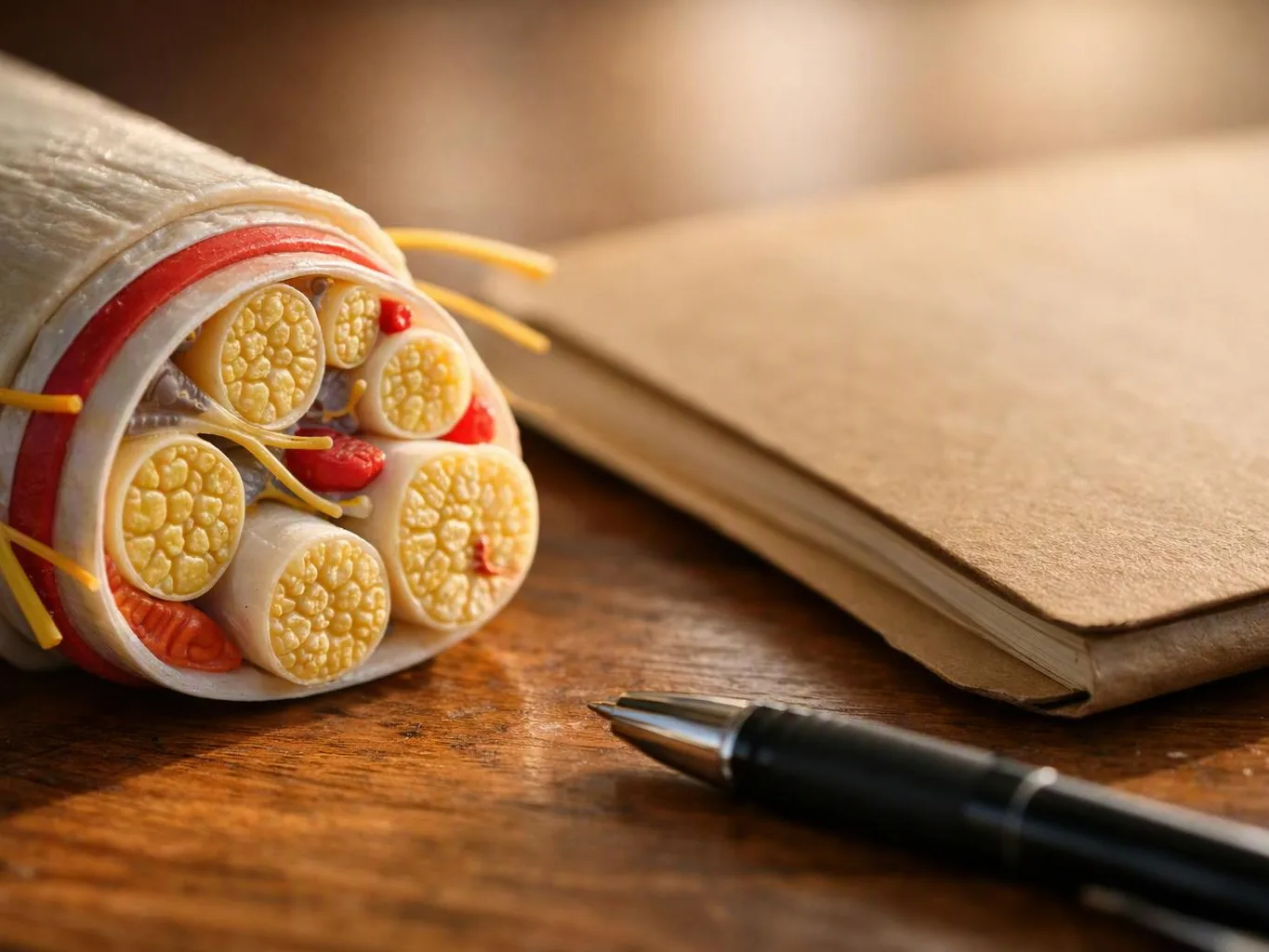 A fiber cable cross-section rests beside a notebook and pen on a wooden desk