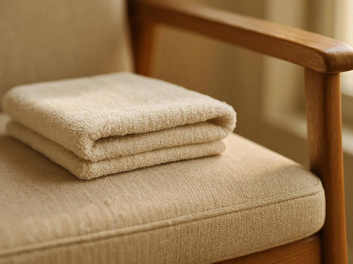 Folded beige towels rest on a cushioned wooden chair in warm indoor light