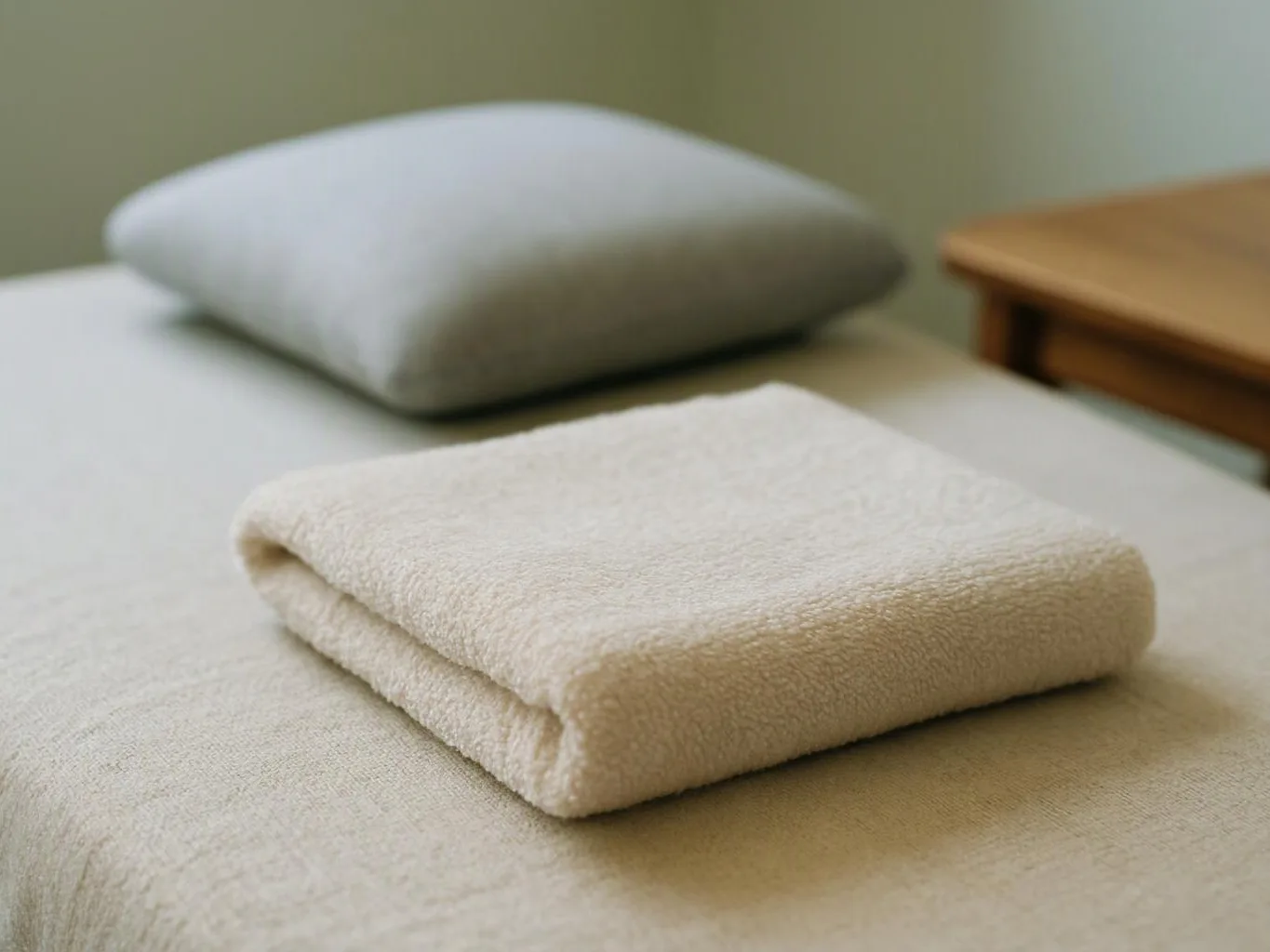 A folded cream towel rests on a bed beside a gray pillow and wooden nightstand