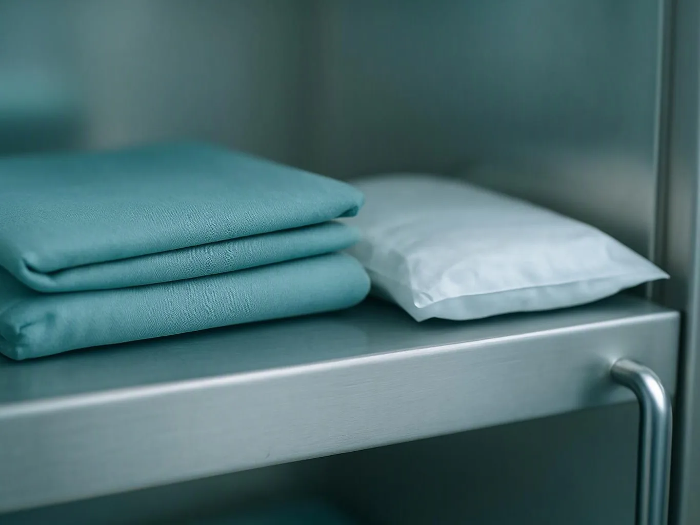 Folded teal cloths and a white package sit on a stainless steel shelf in a metal cabinet