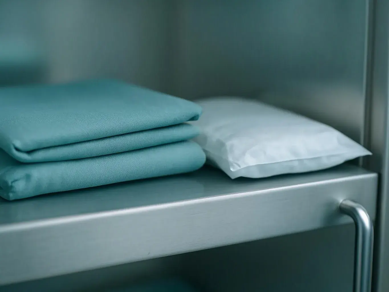 Folded teal linens and a white pillow rest on a metal shelf in a sterile room